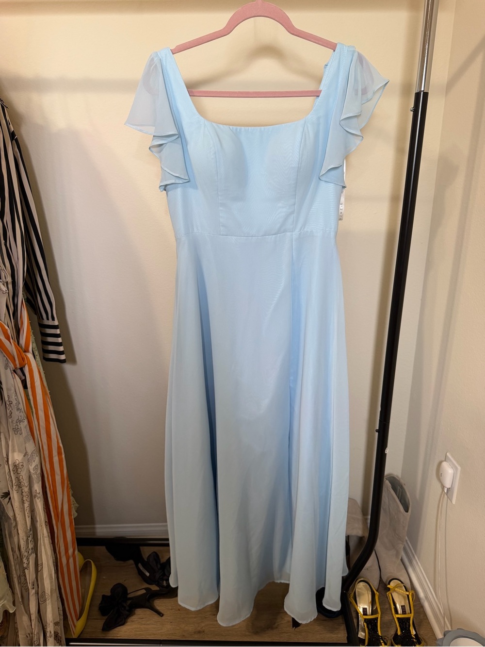 Azazie Light Blue Chiffon Flutter Sleeve Maxi Dress A8 - Picture 3 of 6